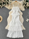 Runhufu 2024 Women Hotsweet Chiffon Sundress Strap Cake Backless Sheath Bodycon Long Dress Vacation Retro Elastic Beach Dress