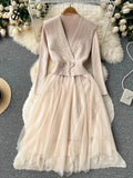 Runhufu Autumn Solid Knitted Long Dress Women Warm Vest+Long Sleeves Mesh Patchwork Thick Sweater Dress Two Pieces Suits