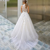 Runhufu High Neck Lace Wedding Dresses For Women 2023 Bride Bobo With Appliques illusion Button Design Bridal Gown Robe De Marié