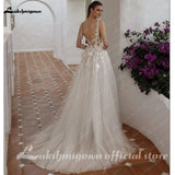 Runhufu Bohemia Lace Wedding Dresses V-Neck Spaghetti Straps High Split Tulle Appliques Bridal Gowns Backless Bride Dress