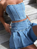 Runhufu Retro Blue Denim Two-Piece Skirt Suits Summer Off-Shoulder Bandeau Corset Crop Tops+High Waist Mini Pleated Skirts Sets