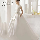 Runhufu Simple Satin Wedding Dresses For Bride 2023 Illusion Back Appliques Lace Bridal Gowns Bow Button A-Line Vestidos De Novia