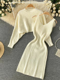 Runhufu Autumn Knitted Dress Suits Women O Neck Long Sleeves Short Pullover+Strap Elastic Dress Korean Sweater Two Pieces Sets