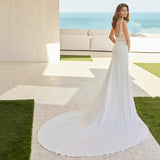 Runhufu Mermaid V-Neck Wedding Dress Lace 2023 Simple Sleeveless Bride Gown Backless For Bride With Train Pleats Vestido De Novia