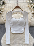 Runhufu Women Sporty Tops Square Collar Long Sleeve Backless Kink With Chest Pad Slim Fit American Streetwear Sexy Mini Blouse