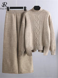 Runhufu Winter Women Sweater Suits Thick Turtleneck Loose Sweater+ Wide Leg Long Pants Female Knitted Warm Two Pieces Sets