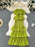 Runhufu 2024 Women Hotsweet Chiffon Sundress Strap Cake Backless Sheath Bodycon Long Dress Vacation Retro Elastic Beach Dress
