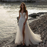 Runhufu Wedding Dress Organza With Embroidery Lace Backless Slit A Line Bride Dress V-neck Sexy Sleeveless Gowns Vestido De Novia