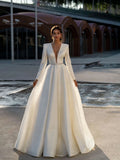 Runhufu Deep V-neck Wedding Dress Modest Long Sleeve Bride Robe Graceful Sparkly Sequins A-line Long Bridal Gown Robe De Mari¨¦e