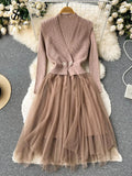 Runhufu Autumn Solid Knitted Long Dress Women Warm Vest+Long Sleeves Mesh Patchwork Thick Sweater Dress Two Pieces Suits
