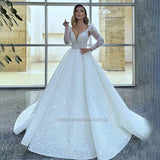 Runhufu V-Neck A-Line Wedding Dresses Long Puff Sleeves Lace Appliques Floor Length A-Line Princess Bridal Gowns