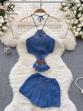 Runhufu Bohemian Knit Two Pieces Suits Women Lace Up Halter Tassel Backless Tops+Hook Flower Hollow Out Shorts Sexy Beach Sets
