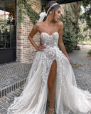 Runhufu Bridal Dress Sexy Sweetheart Side High Slit Ladies Elegant Tulle Appliqué Seaside Wedding Party Backless Robe De Mariée