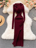 Runhufu Women Korean Knitted Dress Long Sleeve V Neck Elastic Slim Pencil Dresses 2024 Autumn Sexy Bodycon Split Sweater Dress