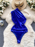 Runhufu One-shouldered PU Leather Bodysuits Women Slim Backless Sexy Bikini+Short Skirt Sets Fashion Solid Beach Playsuits