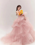 Runhufu Pink Ball Gown Wedding Dresses Classic Sexy Strapless Vestidos De Novia With Small Train Fashion Tiered Suknia Slubna