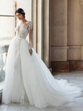 Runhufu Wedding Dresses With Detachable Train Long Sleeves Lace Appliques Gowns Sweetheart A-Line Robes Vestidos De Novia 2024