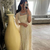 Runhufu Said Luxury Dubai Feathers Light Yellow Evening Dresses with Cape Sleeves Arabic Purple Women Wedding Party Gowns SS420