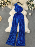 Runhufu American Retro Sequin Jumpsuit Diagonal Collar Solid Long Wide Legs Pants Romper Elegant Backless Sexy Party Jumpsuits