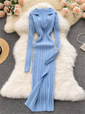 Runhufu Women Korean Knitted Dress Long Sleeve V Neck Elastic Slim Pencil Dresses 2024 Autumn Sexy Bodycon Split Sweater Dress