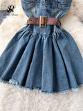 Runhufu Fashion Streetwear Denim Dress Spaghetti Strap Cross Lace Up Bow Belt Zipper Pleated Women American Vintage Mini Dress