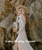 Runhufu O Neck Lace Boho Wedding Dresses Long Sleeve Side Slit Backless Beach Bride Dress Elegant Custom Made Vestido De Noiva