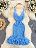 Runhufu Summer Hollow Out Sexy Dress American INS Strap Slim Fit Ruffles Bodycon Design Solid V-Neck Sleeveless Knitted Dress