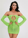 Runhufu Cutout Crochet Knit Mini Dress Women Sexy Off-Shoulder Long Sleeve Hollowed Tie-up Bandeau Tube Top Dress Beach Clubwear