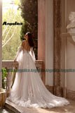 Runhufu Stylish Flare Sleeves Wedding Gown for Bride Spaghetti Straps A Line Appliques Tulle Backless Chapel Train Personalised