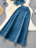 Runhufu Fashion Denim Suits Cardigan Square Collar Short Sleeves Blouse+High Waist A Line Skirt Women Hotsweet Two Pieces Sets