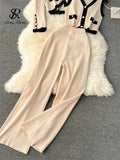 Runhufu Autumn Thick Knitted Three Pieces Sets Ladies Design Loose Cardiagsn+Knit Vest+Elastic Long Pants OL Sweater Suits