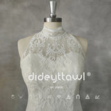 Runhufu Real Picture High-Neck Sleeveless Lace Mermaid Wedding Dress Cut Out Back Sweep Train Bridal Gown Custom Made
