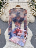 Runhufu Fashion Hotsweet Two Pieces Suits O Neck Long Sleeved Transparent BodySuit Top+ Skinny Mini Skirt Tie Dye Print Sets