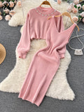 Runhufu Winter Women Knitted Sets Fashion Breading Long Sleeve Pearl Sweater+Knitted Camis Dress Sets Fashion Sweater Suits