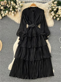 Runhufu Spring French Style Chiffon Long Dress 2024 Long Sleeve Single Breasted Fashion Belt Women A-Line Elegant Party Dress