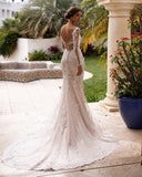 Runhufu Lace Appliqué Mermaid Wedding Dresses For Women Long Sleeve V-Neck Sexy Open Back Sweep Train Bridal Gown Vestidos De Noiva