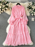 Runhufu French Hotsweet Long Dress Women O Neck Lantern Sleeve Fashion Single Breasted Lace up Design Embroidery Lace Dress