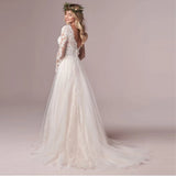 Runhufu Wedding Dresses For Women V-Neck A-Line Design Bridal Dress Full Sleeves Backless Sexy Bride Dress Tulle Appliques