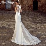 Runhufu Boho V-Neck Wedding Dress Mermaid For Women 2023 Sleeveless Bride Gown Lace Appliques Illusion Button Vestidos De Noiva