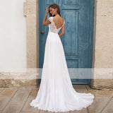 Runhufu V-Neck Chiffon Wedding Dress Lace Cap Sleeve Open Back Sweep Train Bridal Gowns For Women Custom Made Vestido De Novia