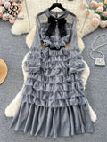 Runhufu Autumn Sweet Cake Dress Transparent Belt 2024 O Neck French Bow Design Diamonds Mesh Gentle Temperament Long Dress