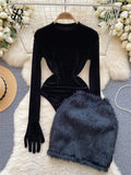 Runhufu 2024 Autumn Long Sleeves Bodysuits 2024 Women O Neck Open Crotch Velvet Slim Playsuits+Plush Sexy Mini Skirt Suits