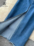 Runhufu Summer Gradient Strapless Sexy Denim Dress Women Sleeveless Bodycon Jeans Sundress Fashion Split Backless Long Dress