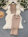 Runhufu 2024 Retro Knitted Two Pieces Sets Sleeveless Short Top+High Waist Slim Long Skirts Female Summer Hotsweet Suits