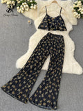 Runhufu Summer Floral Chiffon Beach 2pcs Sets Fashion Strap Sexy Camisole+Wide Legs Long Pants Butterfly Print Two Pieces Suit