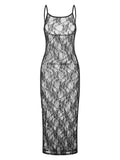 Runhufu Spaghetti Strap See Through Midi Dress Women Black Sexy Sheer Mesh Lace Floral Dresses Chic Y2K Beach Outfits Vestidos