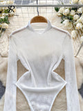 Runhufu Fashion Mesh Sheer Playsuits 2024 Ladies Turtleneck Long Sleeve Transparent Sensual Top Open Crotch Slim Sexy Bodysuit
