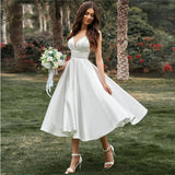 Runhufu Short Wedding Dress for Women Civil A-Line V-Neck Spaghetti Strap Bridal Gown Tea-Length Satin Bridal Gown Robe De Mariee