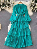 Runhufu Spring French Style Chiffon Long Dress 2024 Long Sleeve Single Breasted Fashion Belt Women A-Line Elegant Party Dress