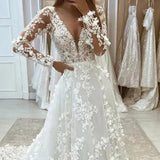 Runhufu Luxury Boho Lace Wedding Dresses V-Neck Full Applique Princess Bridal Gowns Long Sleeves Sweep Train Bride Dress